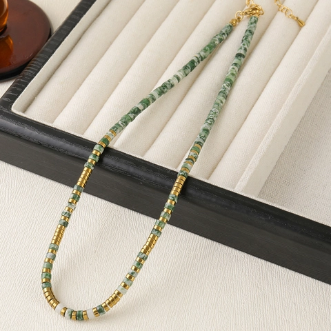 Ethno-Stil Naturstein Perlen Choker Handgefertigte Dunkelgrüne Bambusknoten Halskette Für Damen Minimalistischer Modeschmuck