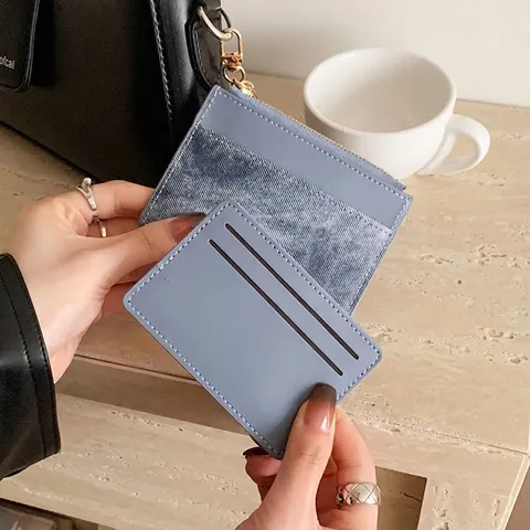 Women Mini Card Holder PU Leather Denim Patchwork Ultra Thin Wallet With Keychain Zipper Pocket Minimalist Small Credit Card Case