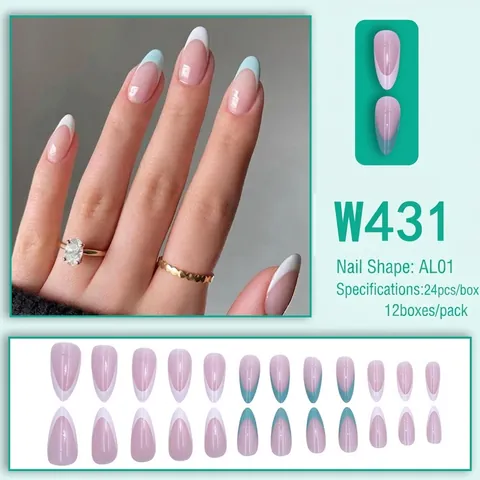 Französische Spitze Mandel Drucknägel Nude Rosa Basis Weiß Blau Rand Wiederverwendbar Glänzende Kunstnägel Elegante Dame