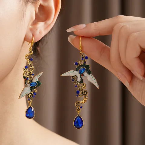 Vintage Kranich Vogel Wasserfall Ohrringe Mit Blauem Edelstein Emaille Goldlegierung Silber Ohrstecker Für Damen
