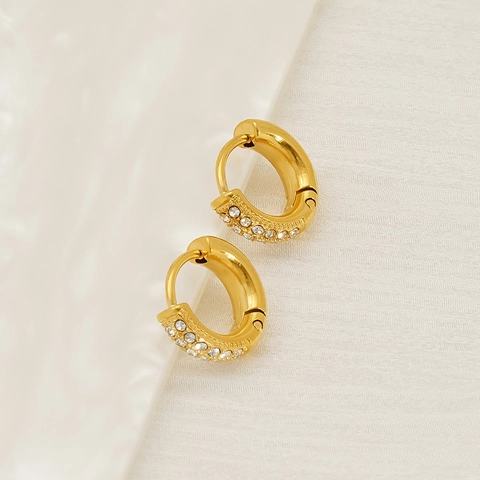 Edelstahl Huggie Hoop Ohrringe 18K Vergoldet Geometrischer Kreis Eingelegter Strass Modeschmuck Für Frauen