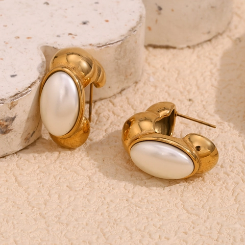 Orecchini A Lobo Vintage Acciaio Inossidabile Placcato Oro 18K Perla Artificial Bianca Stile Francese Elegante Gioielli Geometrici Per Donne