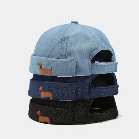 Docker Hoed Katoen Denim Randloze Cap Retro Japanse Stijl Verstelbaar Met Teckel Hond Borduurwerk Voor Heren Dames