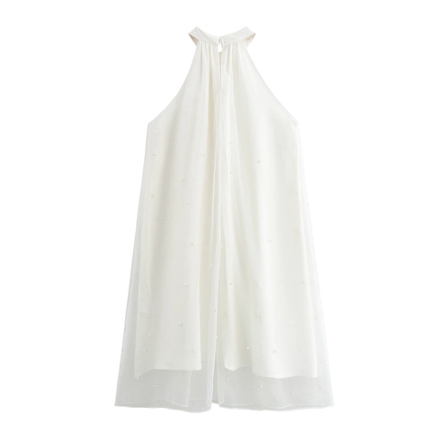 Elegantes Neckholder Mini Kleid Mit Künstliche Perlen Netz Detail Ärmelloses Hohe Taille A-Linie Lose Partykleidung Für Damen