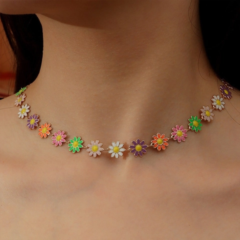 Doux Marguerite Fleur Collier Bracelet Boucles Oreilles Alliage Émail Coloré Blanc Bohème Clavicule Chaîne Bijoux Femmes