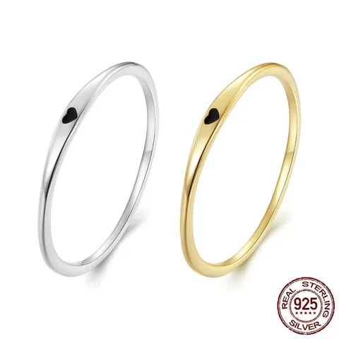 S925 Sterling Silver Minimalist Ring For Women Black Enamel Heart Finger Ring Elegant Gold Silver Plated Dainty Jewelry Gift