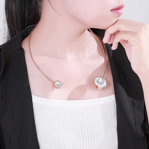 Roestvrijstalen Open Choker Ketting Met Grote Zirkonia Kristal Minimalistische Nachtclub Sieraden Voor Dames