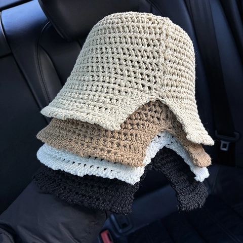 Women Crochet Bucket Hat Knit Hollow Breathable Foldable Wide Brim Sun Protection Fisherman Casual Vacation Solid Color