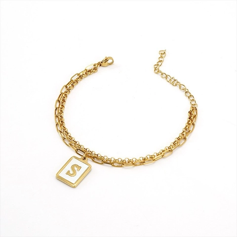 Initial Letter Pendant Bracelet Double Layer Stainless Steel 18K Gold Plated Paperclip Chain Shell Inlay Jewelry For Women