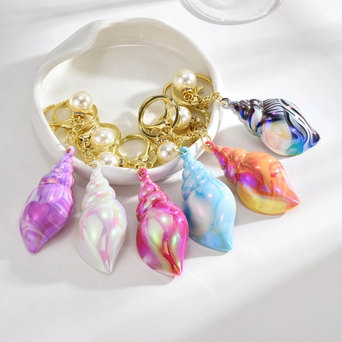 Portachiavi Conchiglia Iridescente Resina Marmorizzata Con Perla Artificial Sintetica Anello In Lega Dorata Per Borsa Regalo