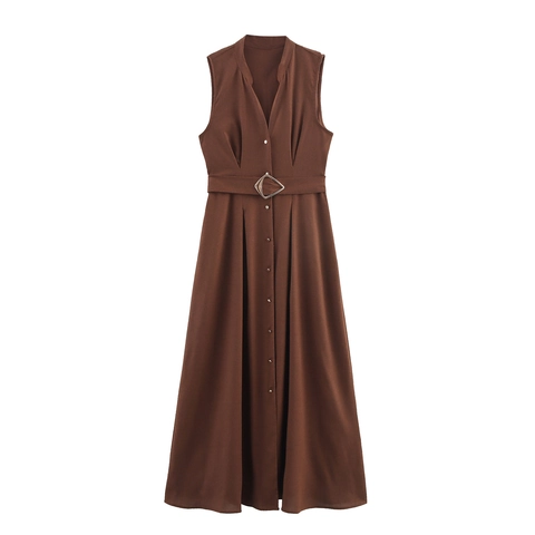Women Sleeveless V Neck Maxi Dress Button Down High Waist With Belt Linen Like Polyester Streetwear Coffee Brown