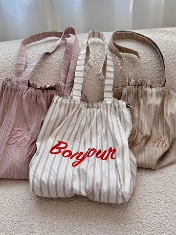 Gestreifte Polyester Canvas Tragetasche Bonjour Stickerei Kordelzug Schultertasche Damen Große Kapazität