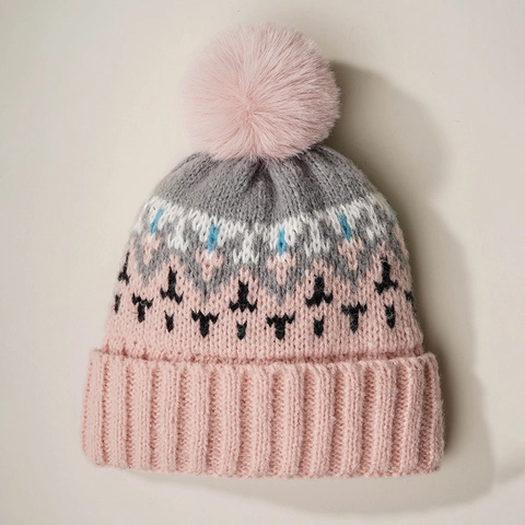 Gorro De Invierno De Punto Acrílico Cálido Bloque De Color Patrón Geométrico Con Pompon De Piel Sintética Unisex