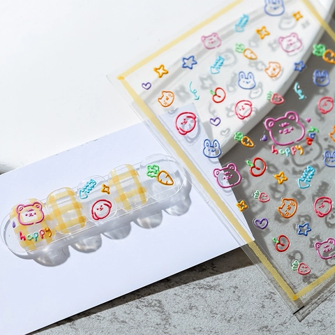 Autocollants À Ongles Relief 3D Auto-Adhésifs Ultra Mince Dessin Animé Ours Fruits Décalcomanies Décoration De Manucure Kawaii