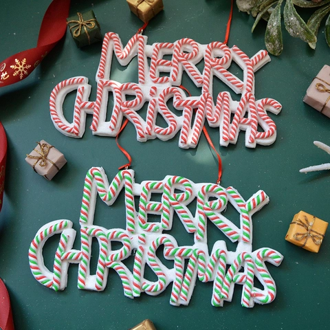 Merry Christmas Sign Hanging Ornament Soft Pottery Candy Cane Striped Letter Board For Christmas Tree Holiday Home Decor