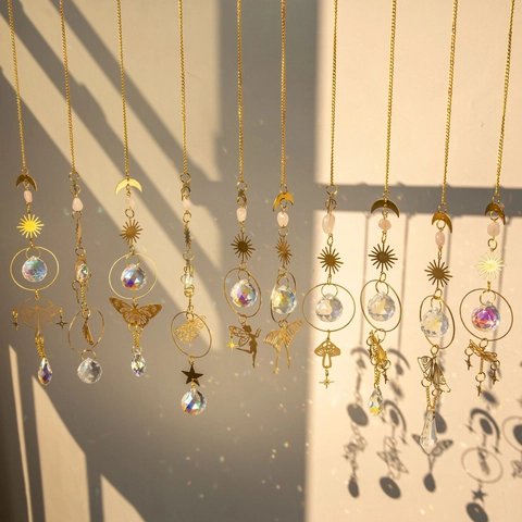 Crystal Suncatcher Hanging Ornament Brass Moon Star Butterfly Prism Rainbow Maker For Window Home Garden Decor