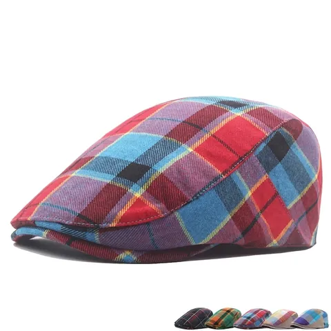British Vintage Plaid Flat Cap For Men Women Adjustable Polyester Cotton Blend Checkered Ivy Beret Hat Sunshade