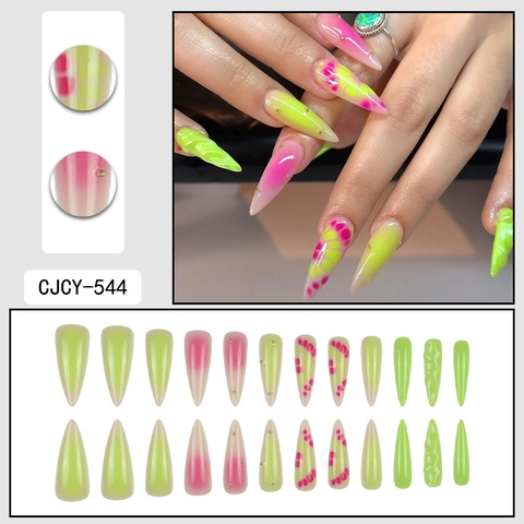 Faux Ongles Press On Long Stiletto Dégradé Vert Néon Rose Texture 3D Slime Perles Dorées Style Y2K Plastique Femmes