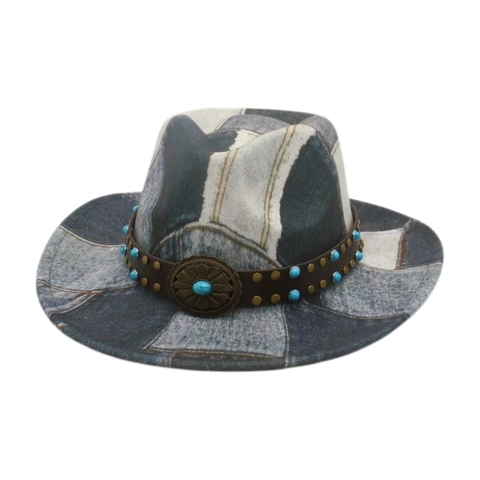 Cappello Da Cowboy Western Retrò Fedora In Denim Patchwork Con Cinturino In Pelle Perline Turchesi E Fibbia In Metallo