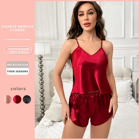 Women Satin Pajama Set V-Neck Camisole And Shorts Lace Patchwork Backless Sleepwear Satiny Nightwear