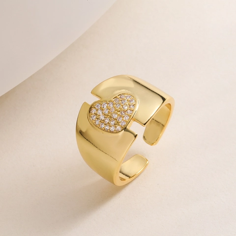 Breiter Bandring Kupfer Mit Mikro Eingelegtem Zirkon Herzform Retro Mode Nische Personalisiert Verstellbarer Schmuck Für Damen