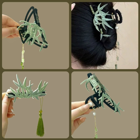 Pinza De Pelo Con Bordado De Hoja De Bambú Y Borla Desmontable Estilo Chino Vintage Aleación Perla Artificial Hanfu Accesorios