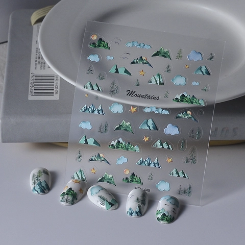 Autocollants Ongles Relief 5D Motifs Paysage Montagne Forêt Mat Autocollants Imperméables Manucure