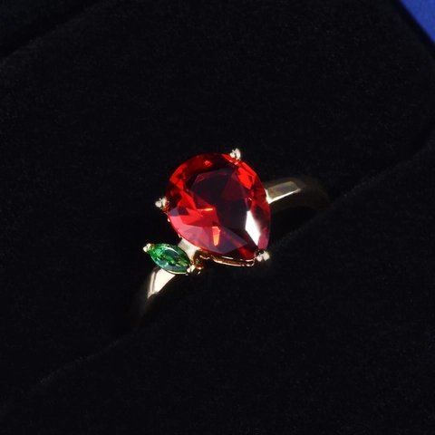 Adjustable Water Drop Red Ruby Ring Copper 18K Gold Plated Simulated Green Gemstone Fruit Style Jewelry For Women