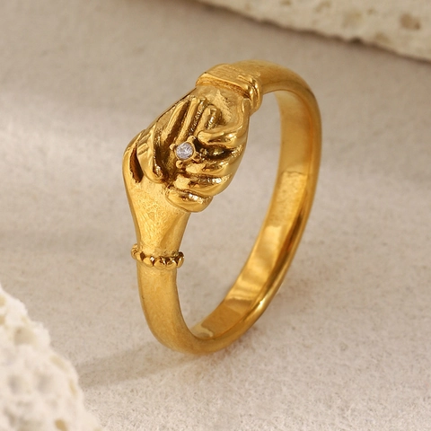 Handshake Ring Stainless Steel 18K Gold Plated Single Zircon Retro Fede Style Elegant Jewelry For Women