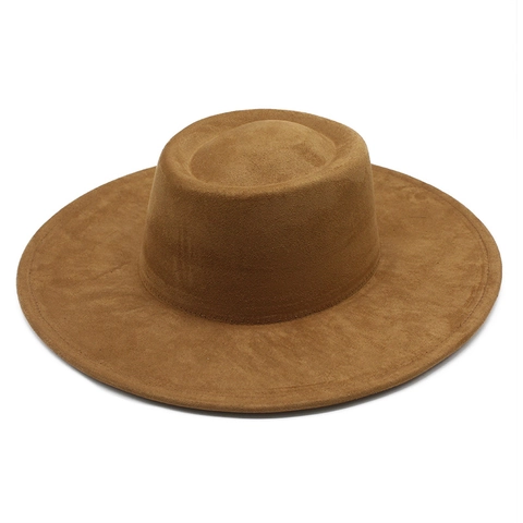 Vintage Britse Stijl Suède Fedora Hoed Brede Rand Platte Kroon Effen Kleur Polyester Elegante Herfst Winter Accessoires