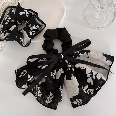French Elegant Floral Chiffon Bow Scrunchies Large Hair Ties With Streamers Retro Vintage Hair Accessories For Women