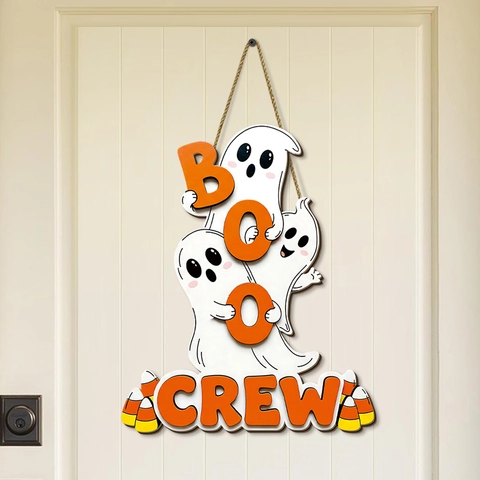 Cartel Colgante Halloween Madera Fantasma Boo Crew Decoración De Pared Rústica Adorno De Fiesta Con Cuerda De Cáñamo