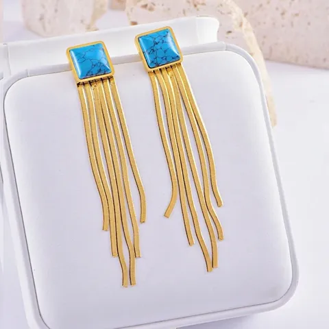 Pendientes De Borla Larga Acero Inoxidable Perla Artificial De Imitación Turquesa Geométrico Cadena De Serpiente Joyería Para Mujeres Fiesta