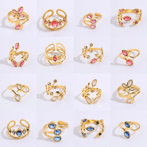 Fashion Titanium Steel Adjustable Open Ring For Women Vintage Gold Plated Rhinestone Butterfly Wheat Ear Flower Heart Crown Finger Jewelry