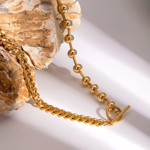 Gold Plated Stainless Steel Asymmetrical Chain Necklace With Bead And Curb Design Toggle Clasp For Women Fashion Jewelry