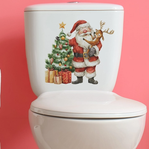 Weihnachts WC Aufkleber Weihnachtsmann Rentier Baum PVC Selbstklebend Badezimmer Wanddeko Cartoon Stil Feiertag