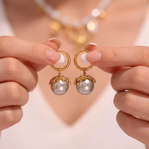 Pendientes De Aro Colgantes De Perlas Artificiales De Concha Con Tapa De Flor De Acero Inoxidable Para Mujer Elegante Vintage