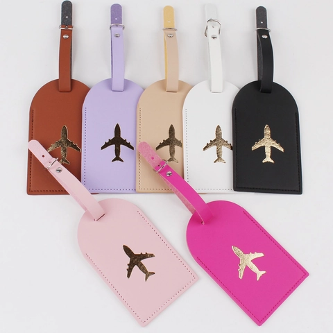 Luggage Tag PU Leather Waterproof Gold Airplane Pattern Travel ID Address Label Suitcase Boarding Bag Accessory Durable