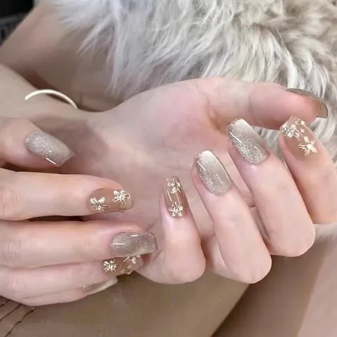 Handmade Press On Nails Cat Eye Magnetic With 3D Metal Flowers Rhinestone Gradient Glitter Artificial Fake Nails For Women