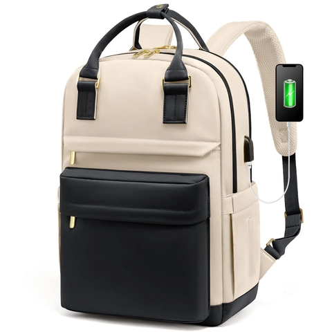Women Large Capacity Laptop Backpack Waterproof Oxford Fabric Color Block Travel Backpack With USB Charging Port Fashion School Bag