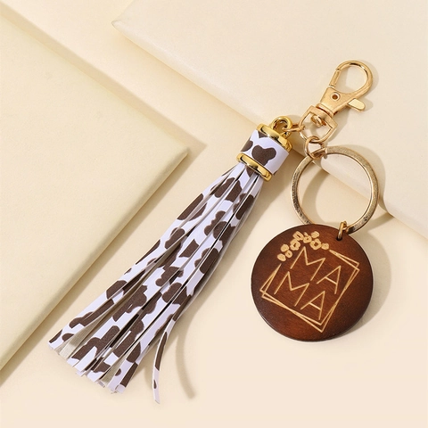 Portachiavi MAMA con Targhetta in Legno Nappa in Pelle PU Stampa Leopardata Girasole Stella Gancio Oro Regalo Festa della Mamma