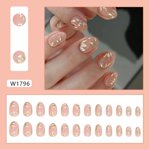Uñas Postizas Press On Con Hojas De Bambú Doradas 3D Diseño Almendra Rosa Nude Estilo Chino Puntas De Uñas ABS Mujer