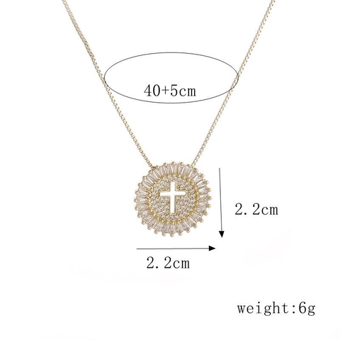 Round Cross Pendant Necklace Copper With Cubic Zirconia Box Chain Elegant Religious Sparkling Jewelry For Women