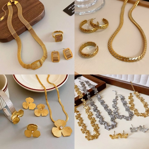 Stainless Steel Jewelry Necklace Earrings Ring Bracelet Butterfly Flower Vintage Gold Plated Fashion For Women