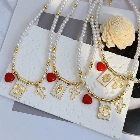 Collana Pendente Vergine Maria San Benedetto Rame Placcato Oro 18K Imitazione Perla Artificial Zircone Croce Religiosa Cuore Gioielli