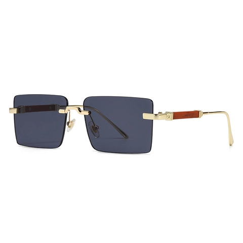 Retro Square Frameless Sunglasses For Men Women Metal Frame Wood Grain Texture Temples UV400 Gradient Lens Fashion Eyewear