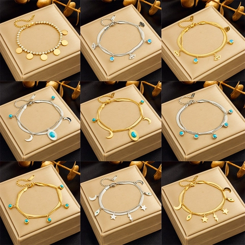Stainless Steel Double Layer Charm Bracelet Evil Eye Butterfly Moon Star Pendants For Women Fashion Elegant Jewelry