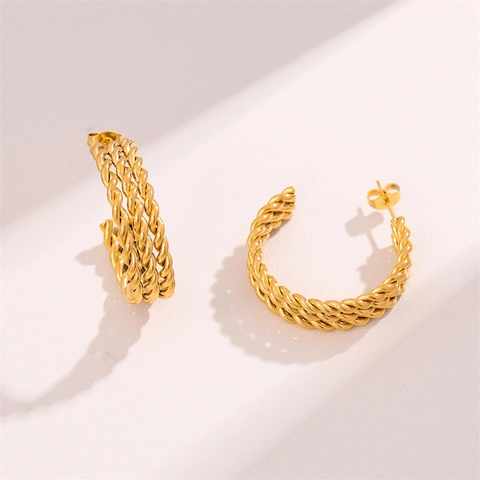 Vintage Drei Strang Geflochtene Creolen Edelstahl 18K Vergoldet Gewebt C Form Polierter Schmuck Für Damen