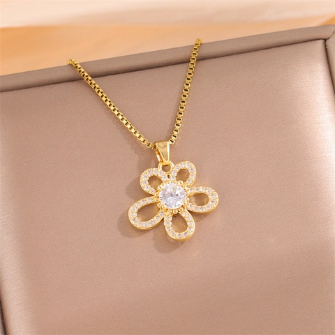 Flower Pendant Box Chain Necklace Stainless Steel Zircon Sparkly Gold Plated Dainty Luxury Jewelry For Women