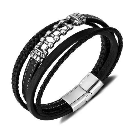 Herren Mehrlagiges Geflochtenes Lederarmband Mit Edelstahlketten Dekoration Punk Retro Stil Magnetverschluss